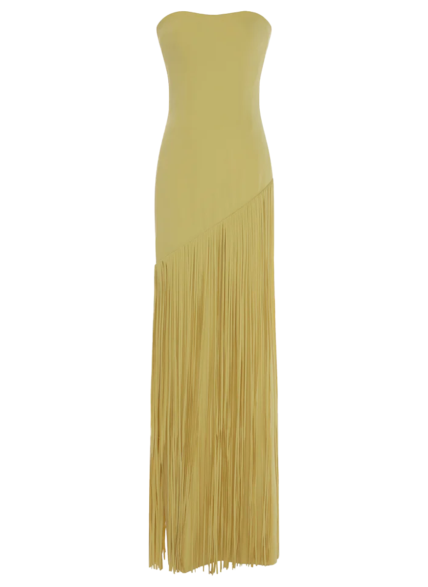 Crepe Strapless Fringe Gown with Cape - Marmar Halim