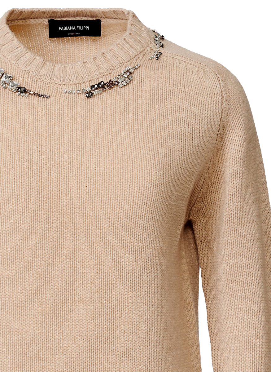 Platinum Crewneck Sweater with Jewel Embroidery - Fabiana Filippi
