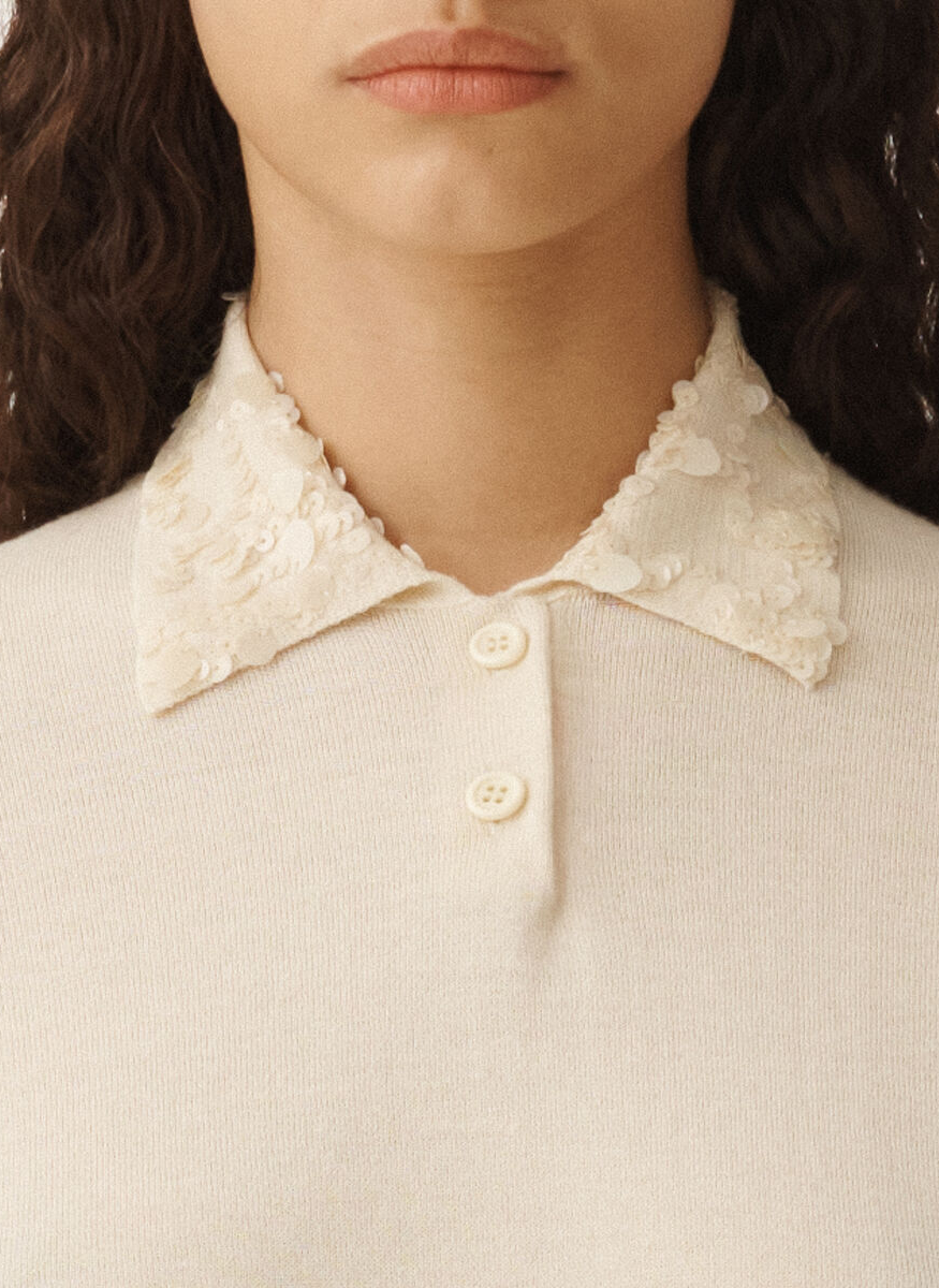 Cotton Blend Long Sleeve Polo with Sequin Collar - Fabiana Filippi