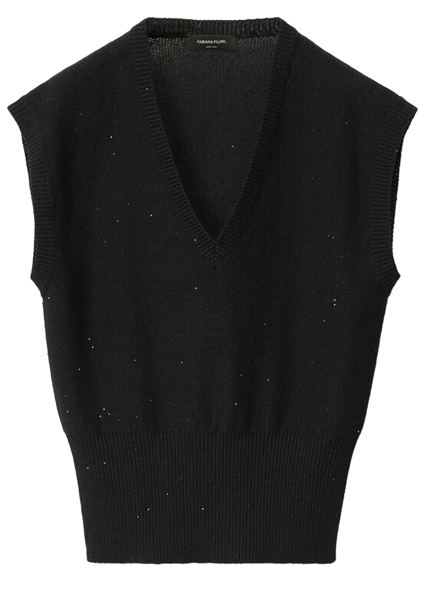 Sequin Cotton Linen V Neck Vest