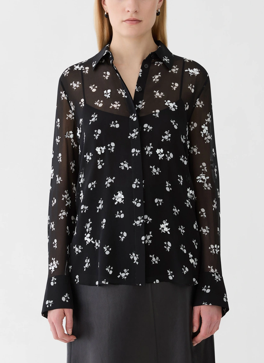 Ditsy Floral Print Silk Georgette Embellished Blouse - Lafayette 148 New York