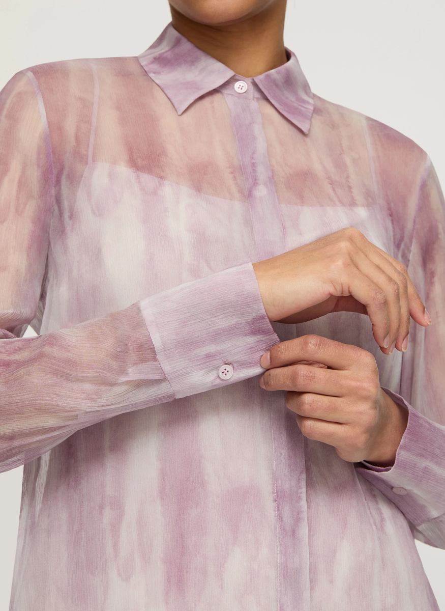 Washed Glaze Print Silk Crépon Button Blouse - Lafayette 148 New York