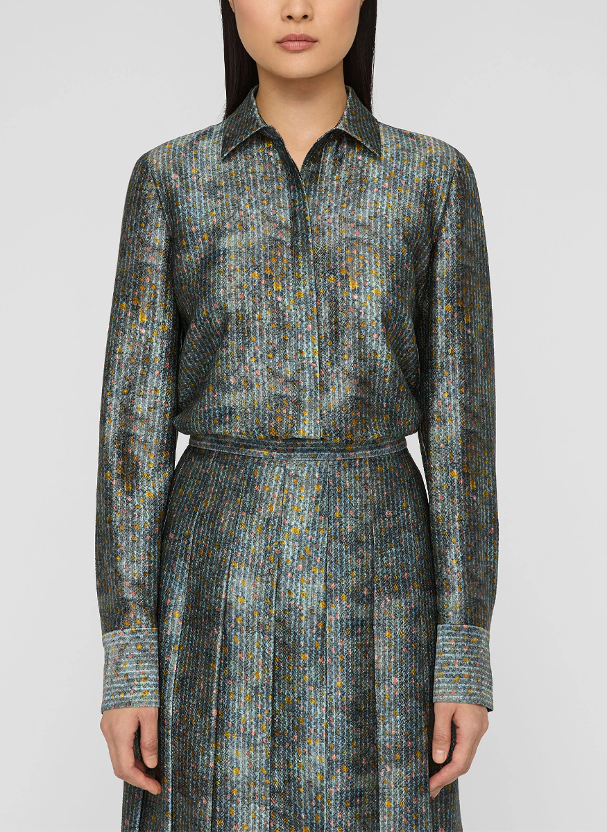 Textile Print Textured Silk Button Blouse - Lafayette 148 New York