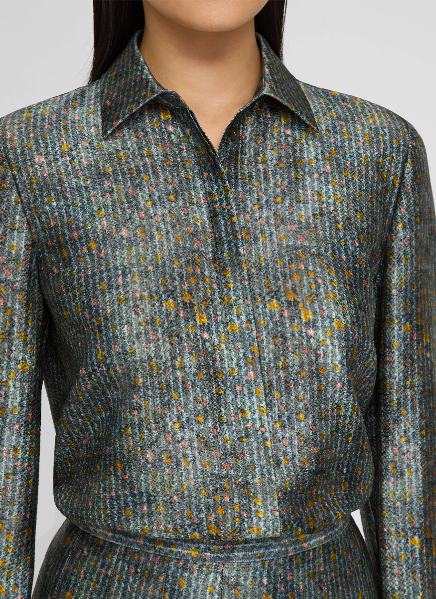 Textile Print Textured Silk Button Blouse - Lafayette 148 New York