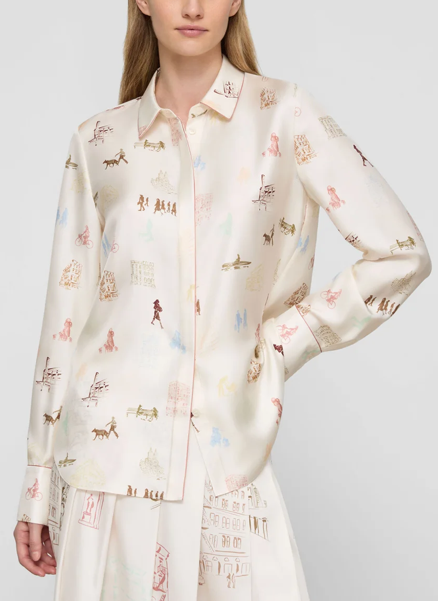 Manhattan Print Silk Twill Button Blouse - Lafayette 148 New York