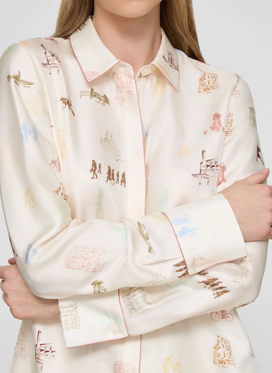Manhattan Print Silk Twill Button Blouse - Lafayette 148 New York