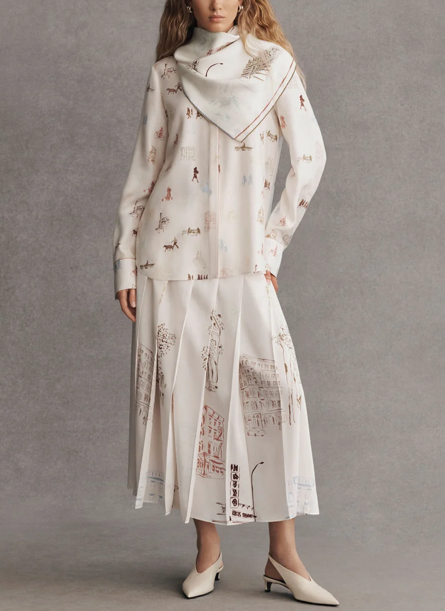 Manhattan Print Silk Twill Button Blouse