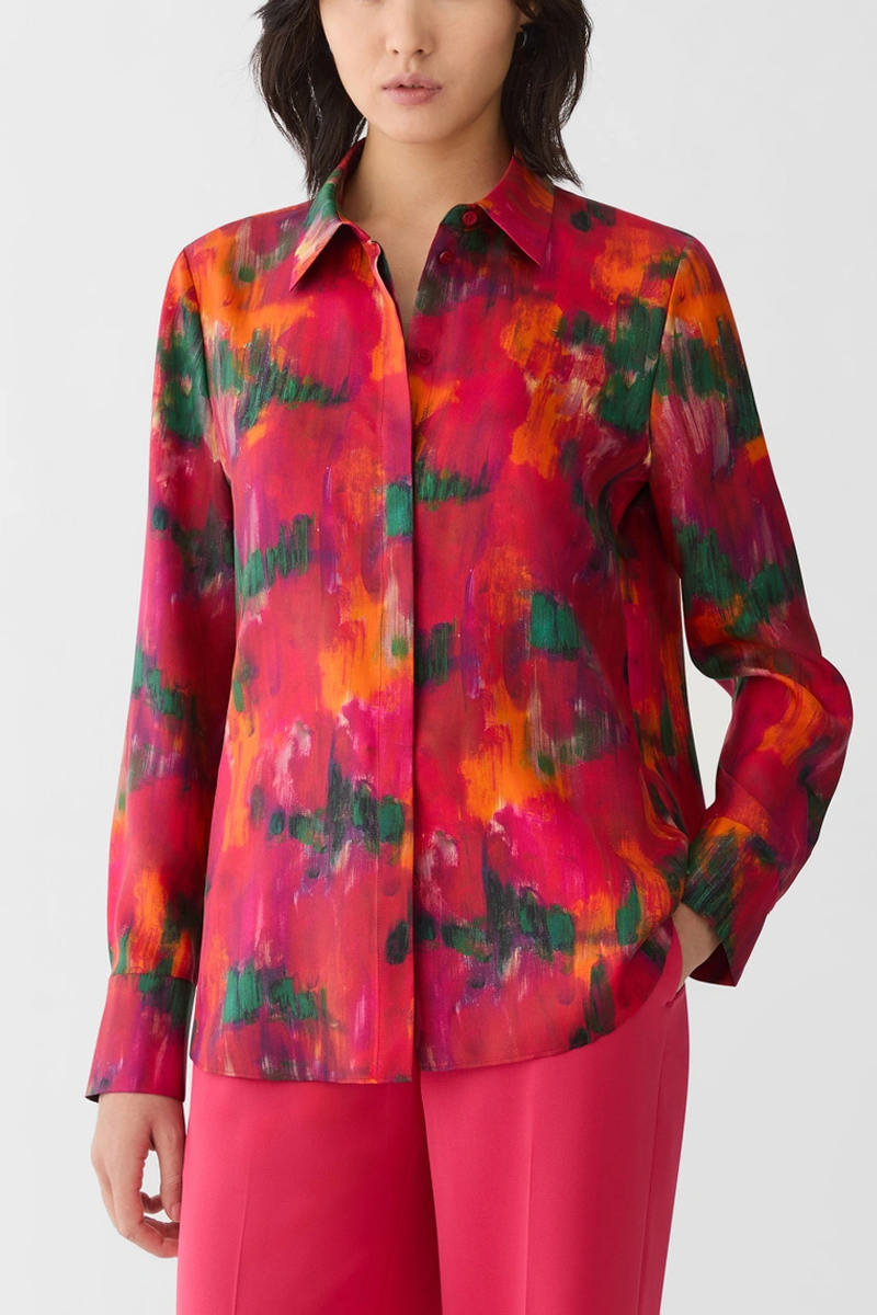Blossom Print Silk Button Blouse - Lafayette 148 New York