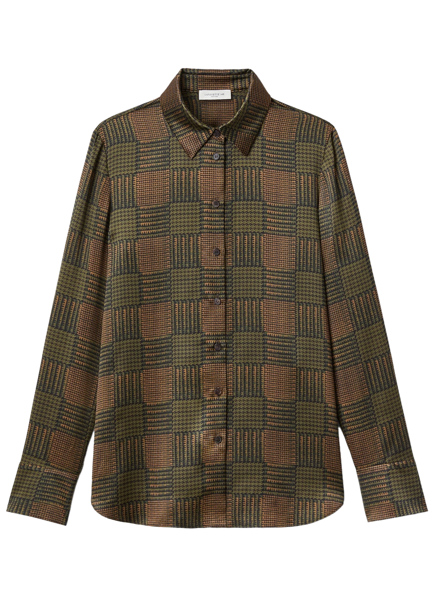 Glen Plaid Print Silk Button Blouse - Lafayette 148 New York