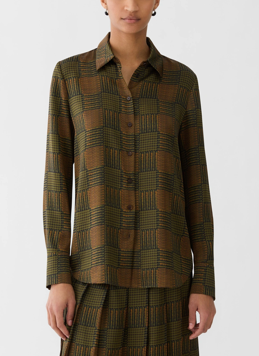 Glen Plaid Print Silk Button Blouse - Lafayette 148 New York