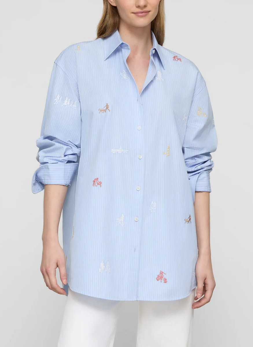 Striped Cotton Embroidered New Yorkers Oversized Shirt - Lafayette 148 New York