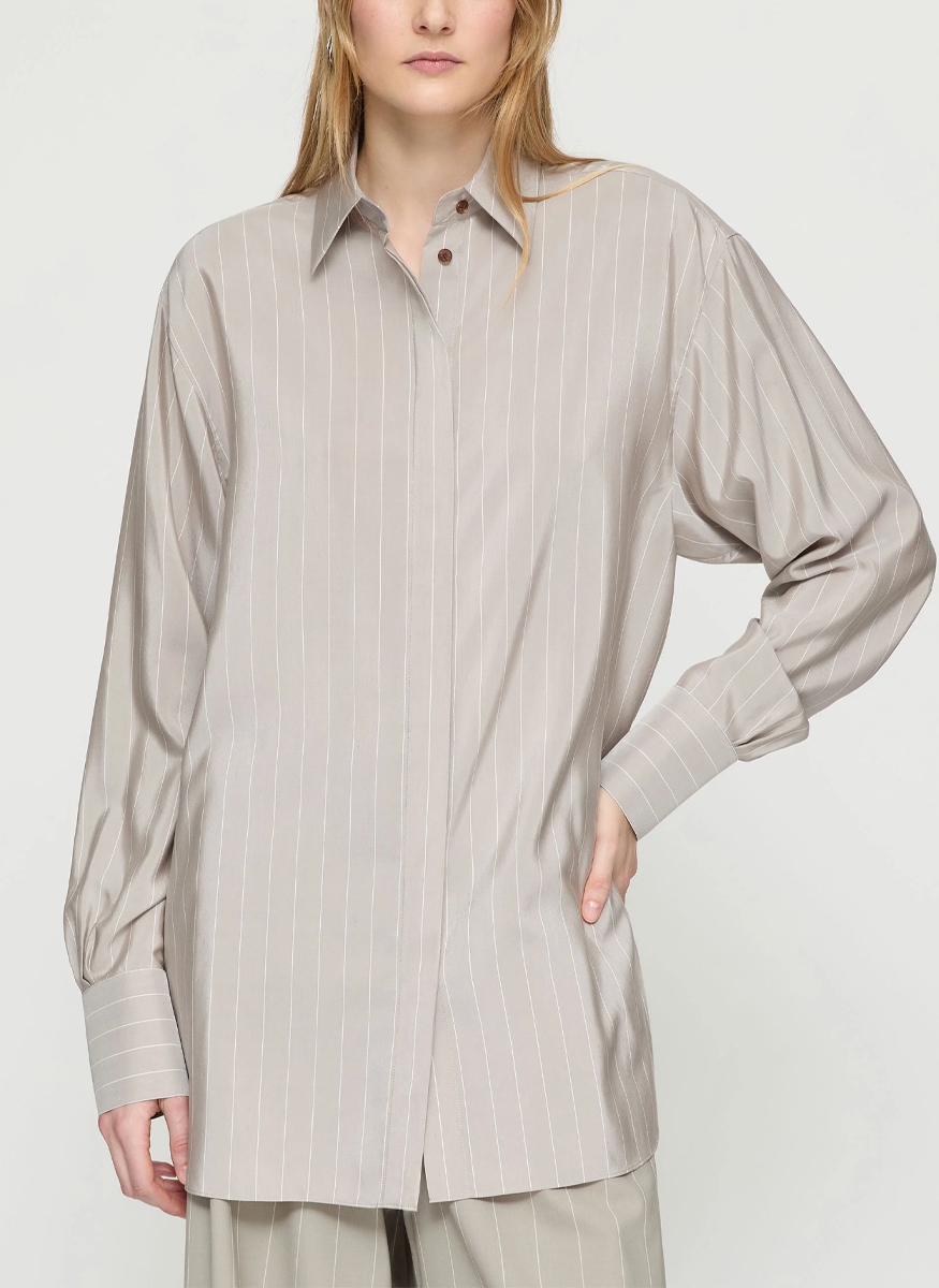 Fine Stripe Silk Collared Oversized Shirt - Lafayette 148 New York