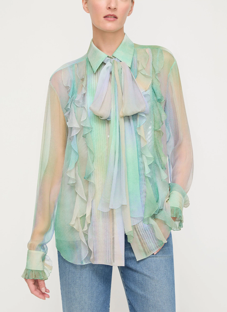 Aurora Print Silk Crépon Bow Blouse & Sequin Camisole - Lafayette 148 New York