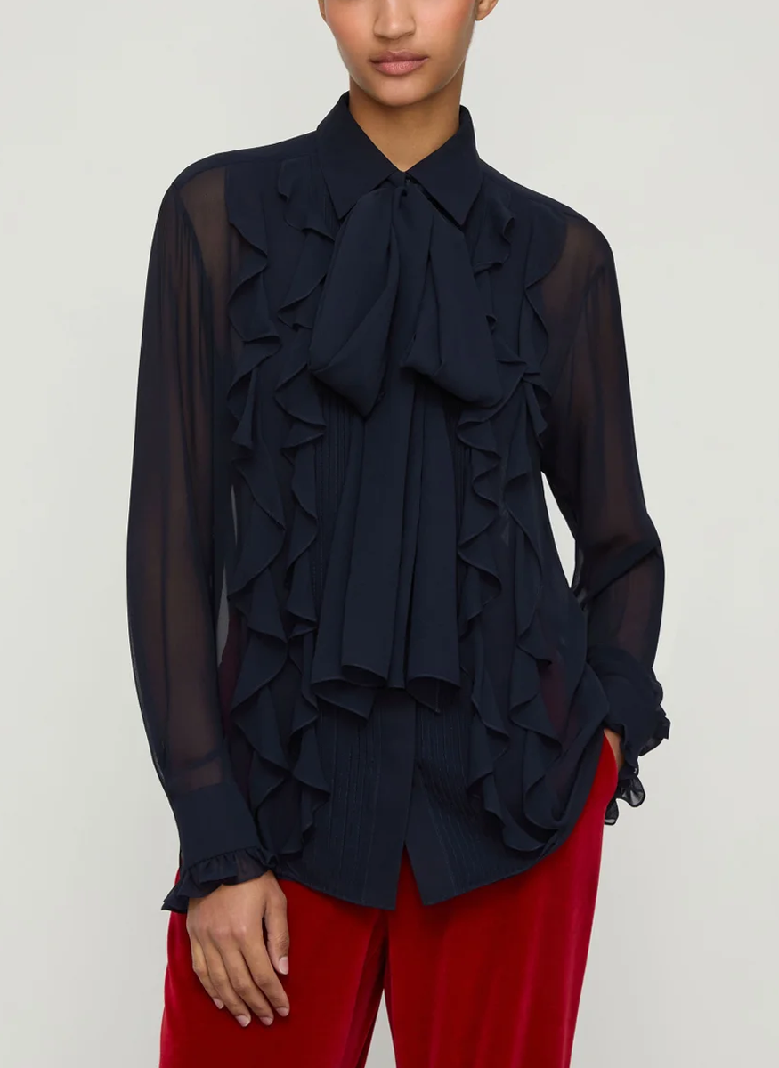 Silk Georgette Ruffle Bow Blouse - Lafayette 148 New York