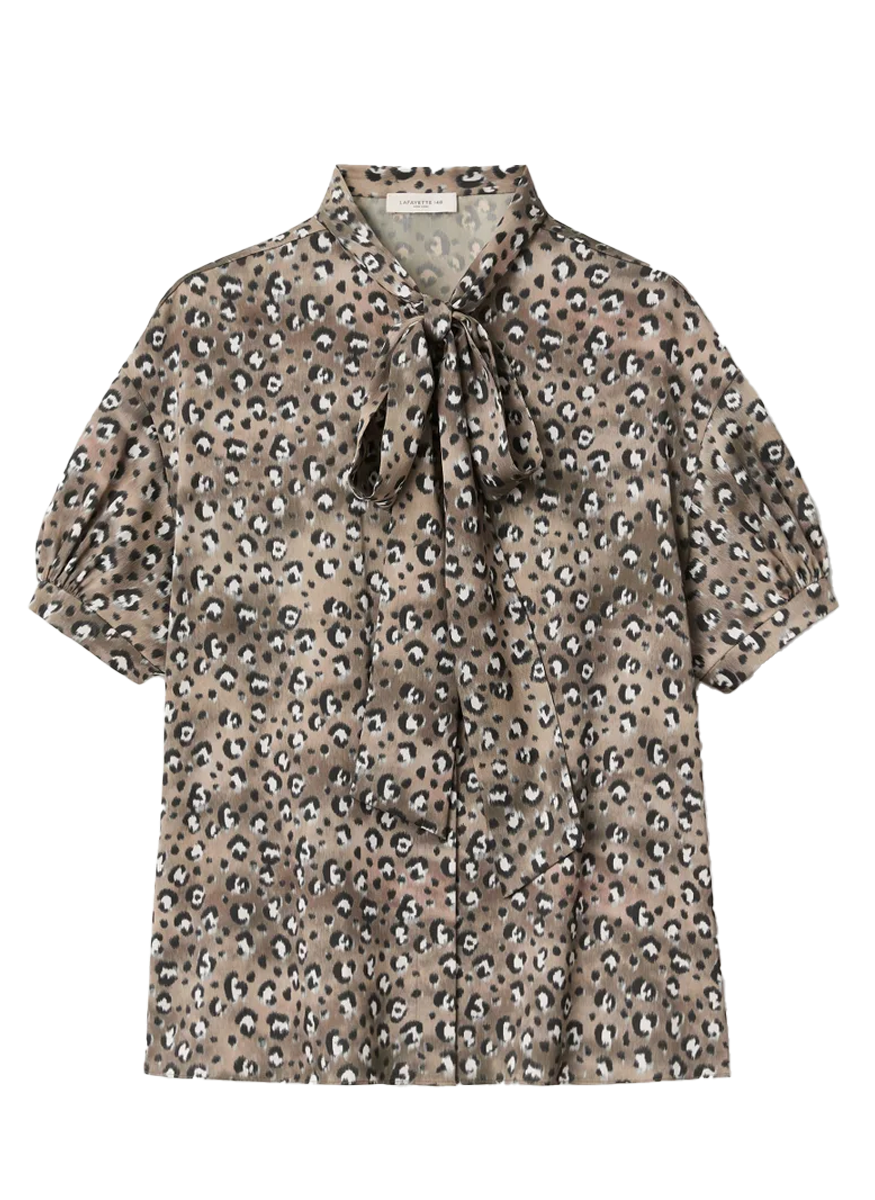 Leopard Print Satin Puff Sleeve Bow Blouse