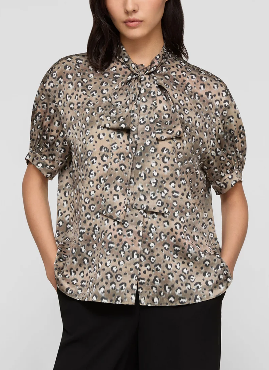 Leopard Print Satin Puff Sleeve Bow Blouse - Lafayette 148 New York