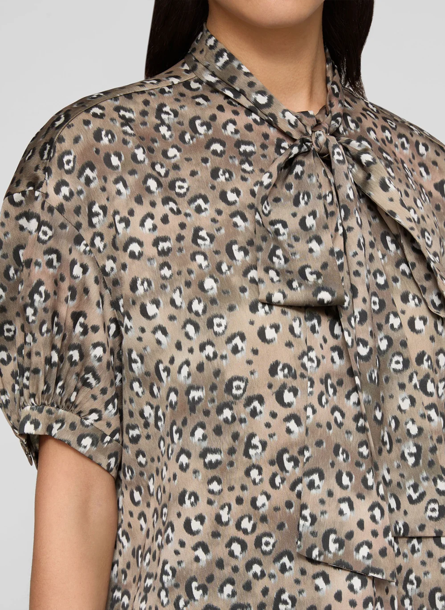 Leopard Print Satin Puff Sleeve Bow Blouse - Lafayette 148 New York