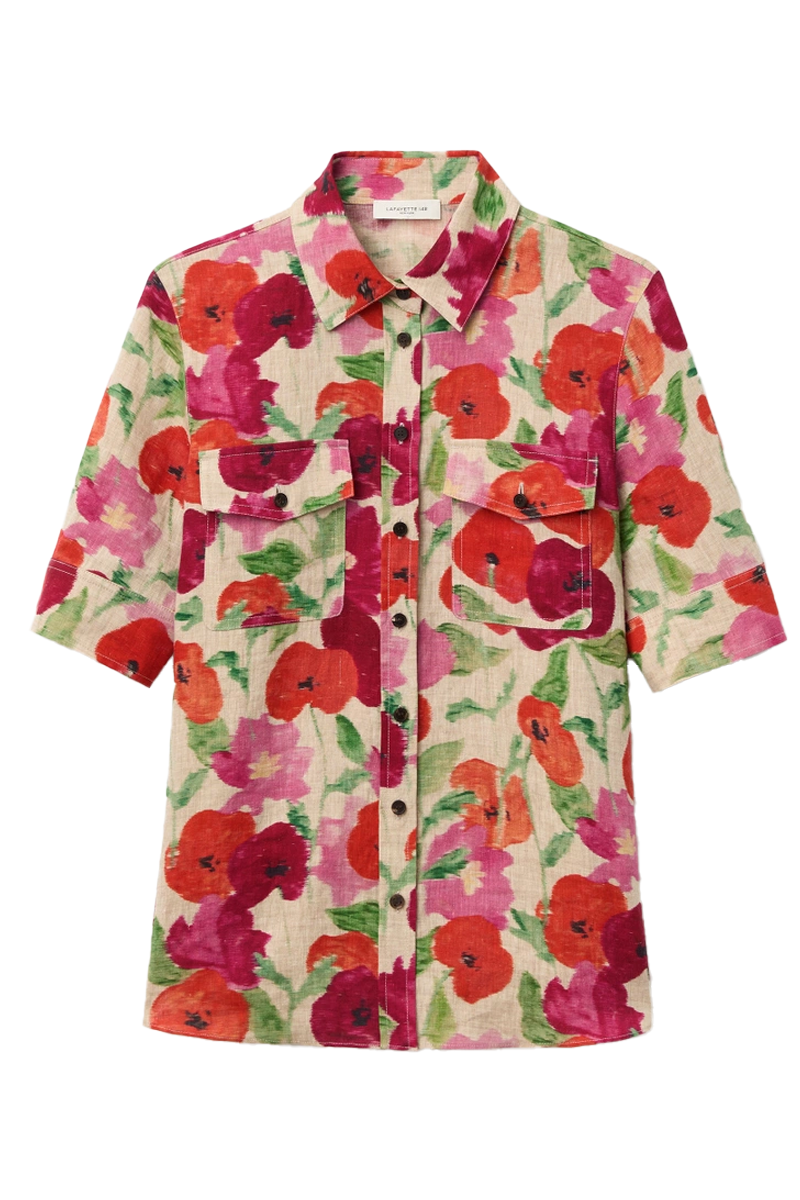 Blossom Print Organic Linen Patch Pocket Shirt