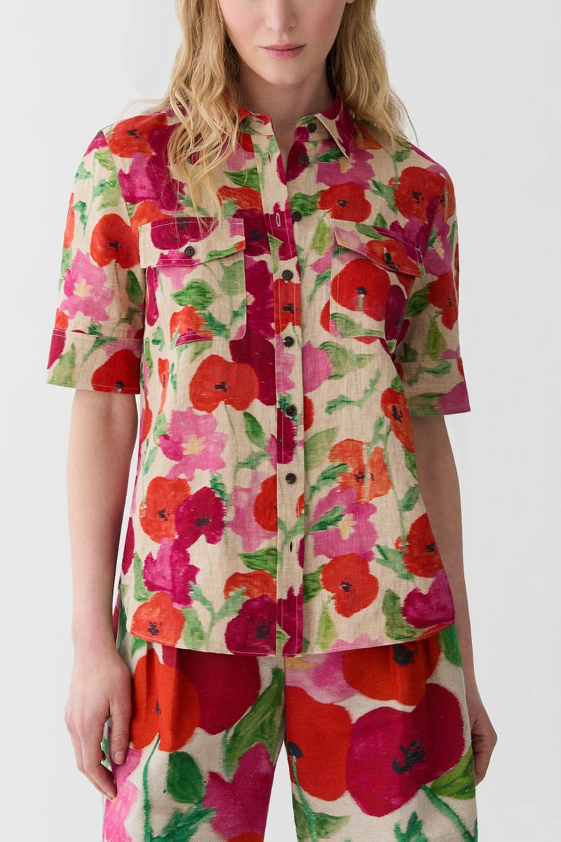 Blossom Print Organic Linen Patch Pocket Shirt - Lafayette 148 New York