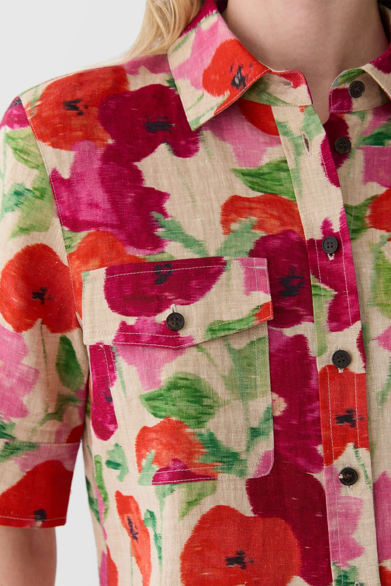Blossom Print Organic Linen Patch Pocket Shirt - Lafayette 148 New York