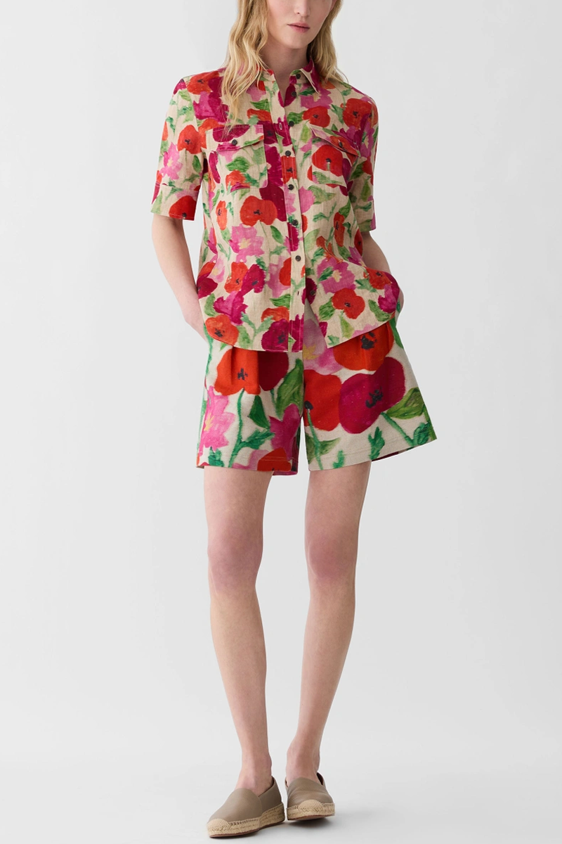 Blossom Print Organic Linen Patch Pocket Shirt