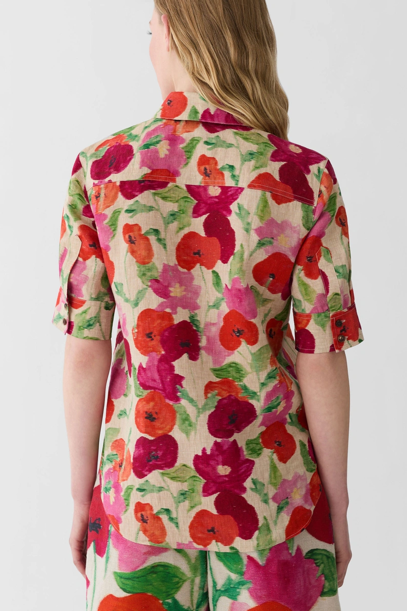 Blossom Print Organic Linen Patch Pocket Shirt - Lafayette 148 New York