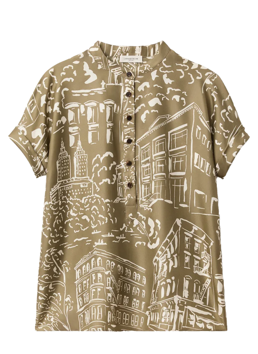 Landmarks Print Silk Twill Henley Blouse
