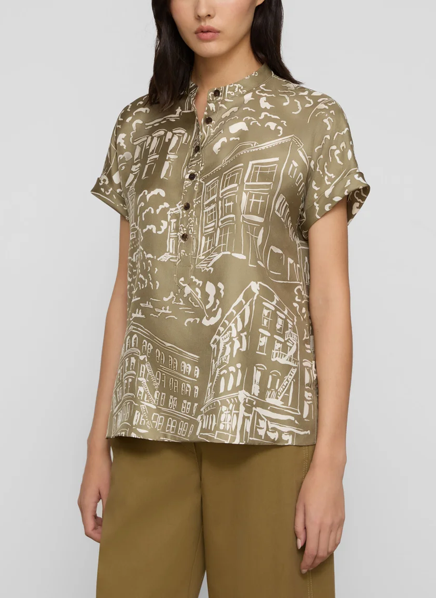 Landmarks Print Silk Twill Henley Blouse - Lafayette 148 New York