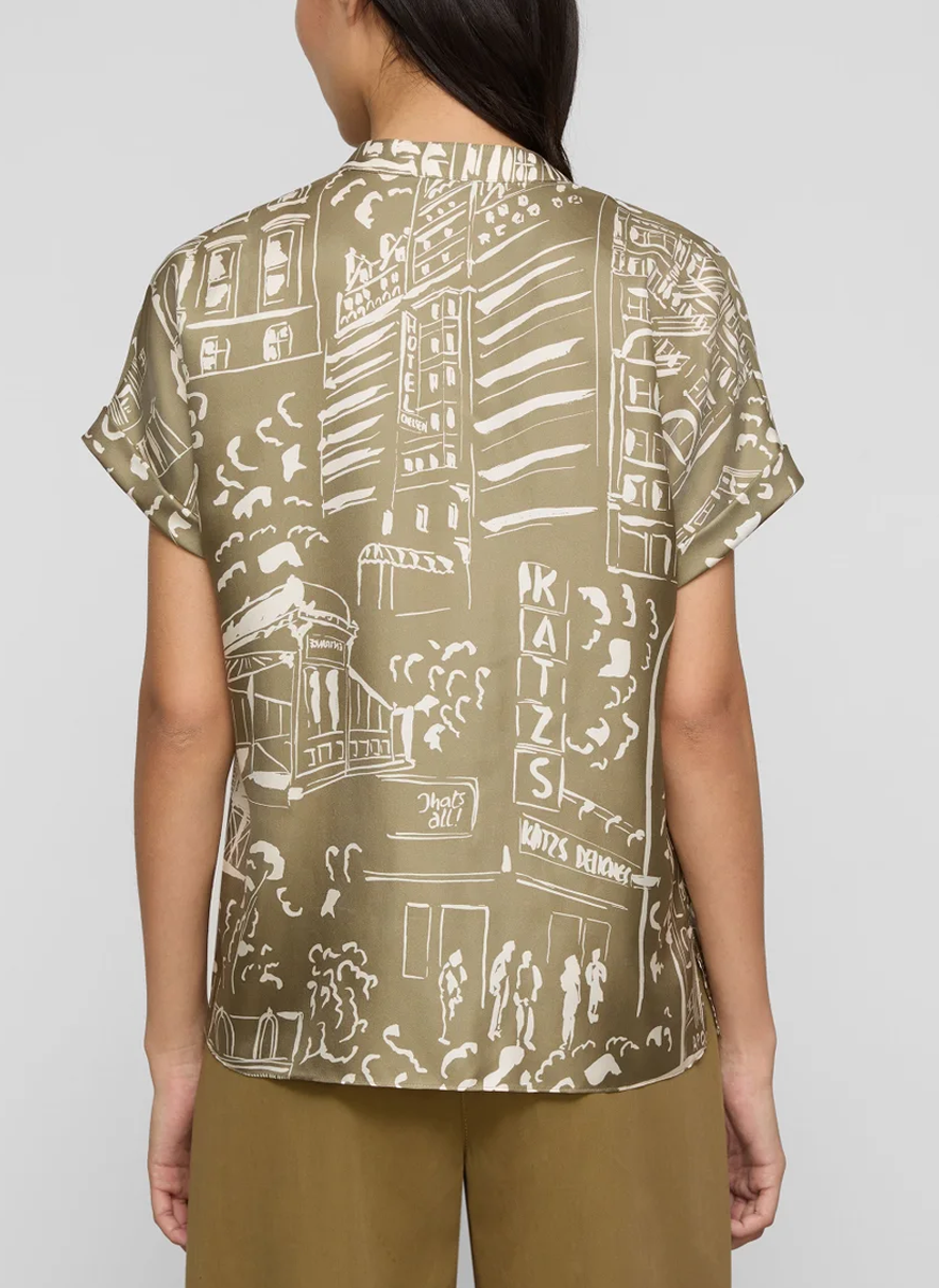 Landmarks Print Silk Twill Henley Blouse - Lafayette 148 New York