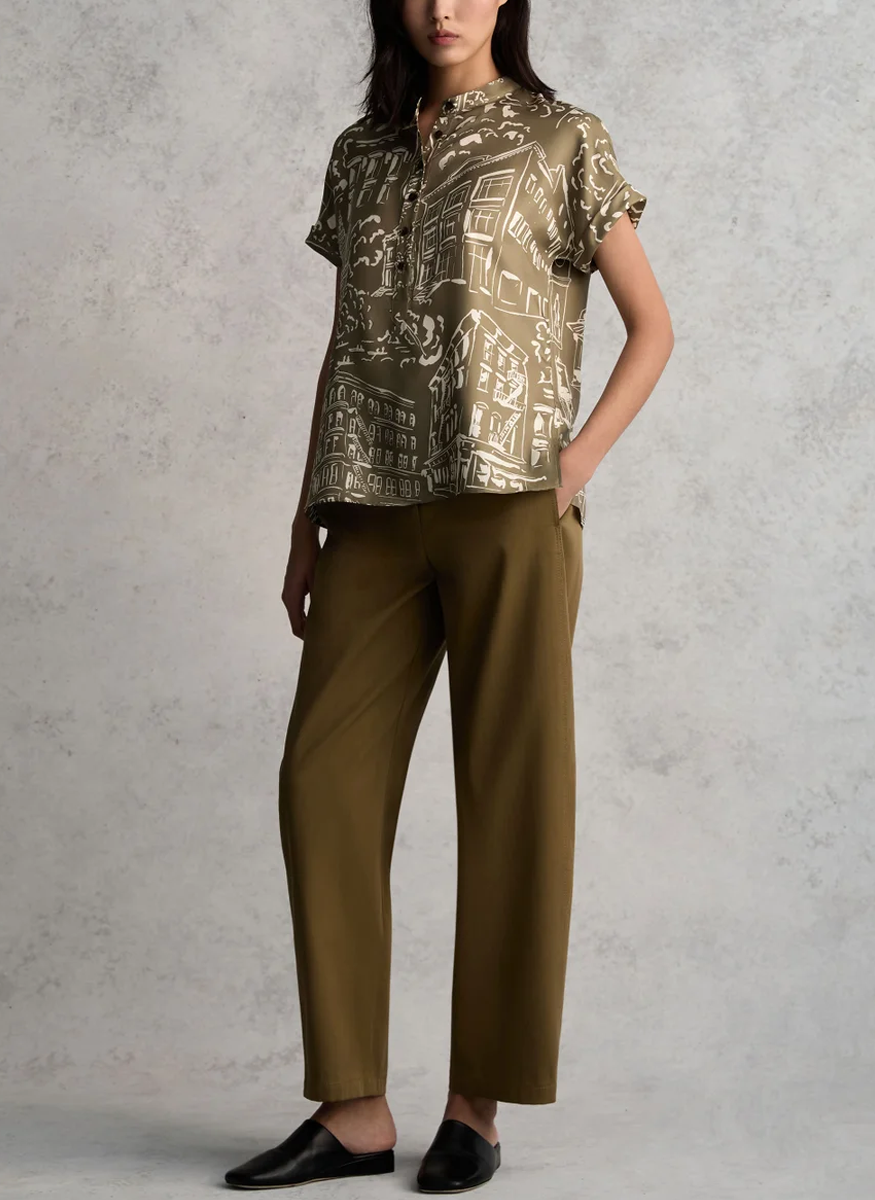 Landmarks Print Silk Twill Henley Blouse
