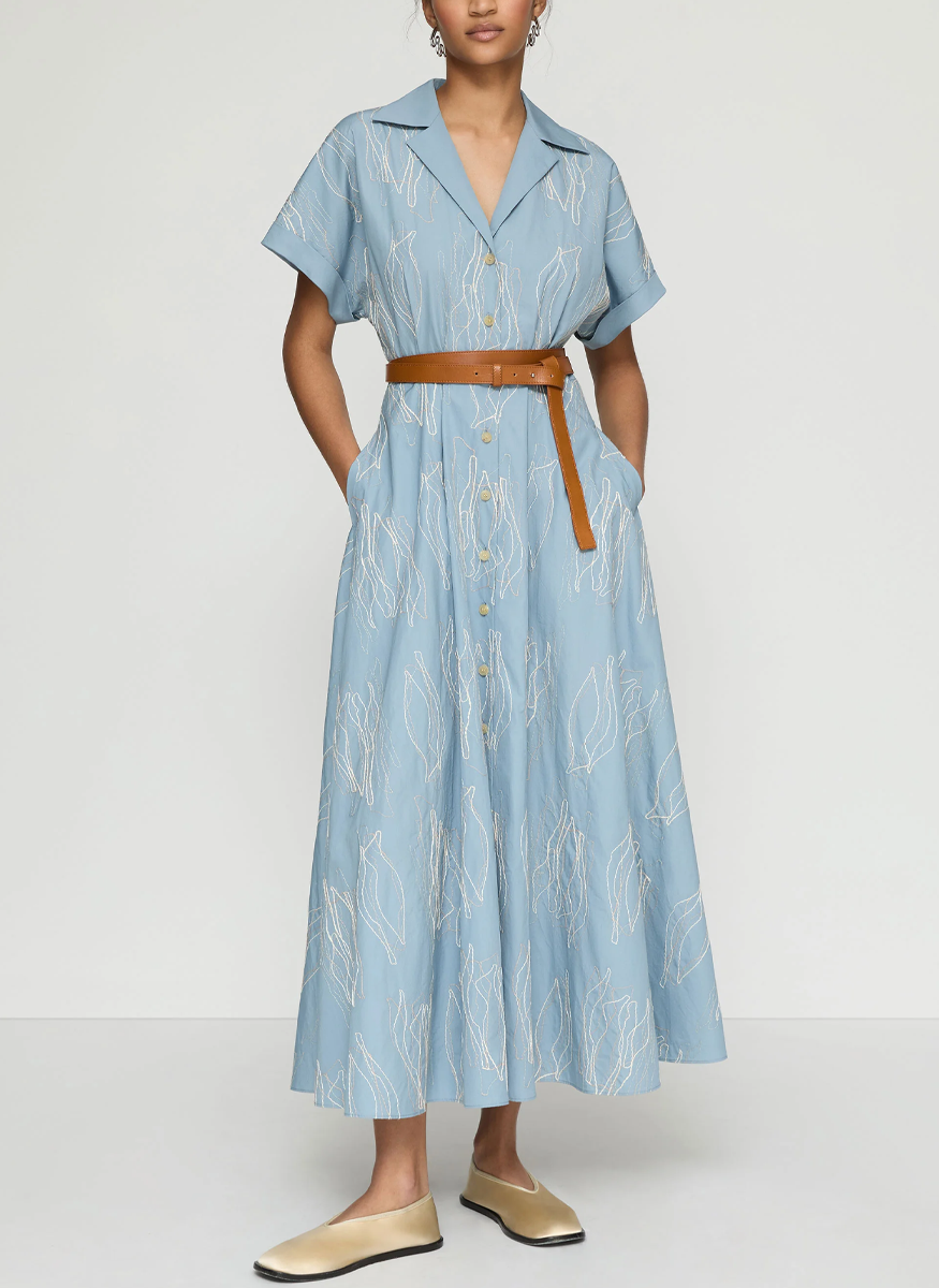 Embroidered Organic Cotton Poplin Belted Shirtdress