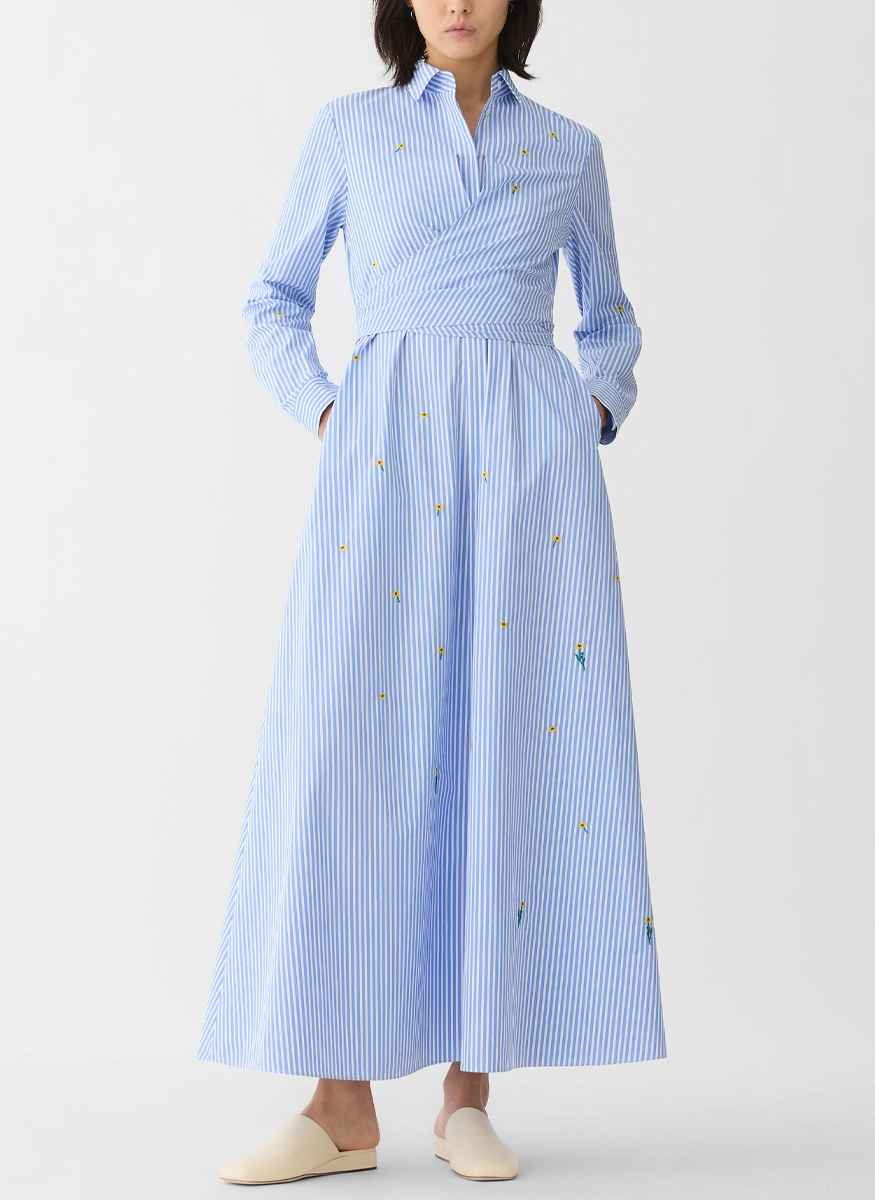 Striped Cotton Floral Embroidered Wrap Shirtdress - Lafayette 148 New York