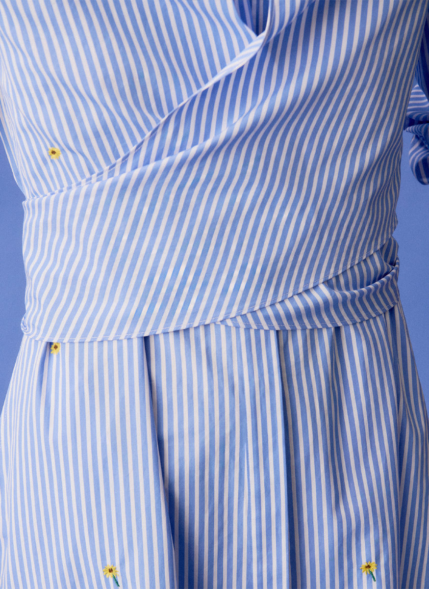 Striped Cotton Floral Embroidered Wrap Shirtdress - Lafayette 148 New York