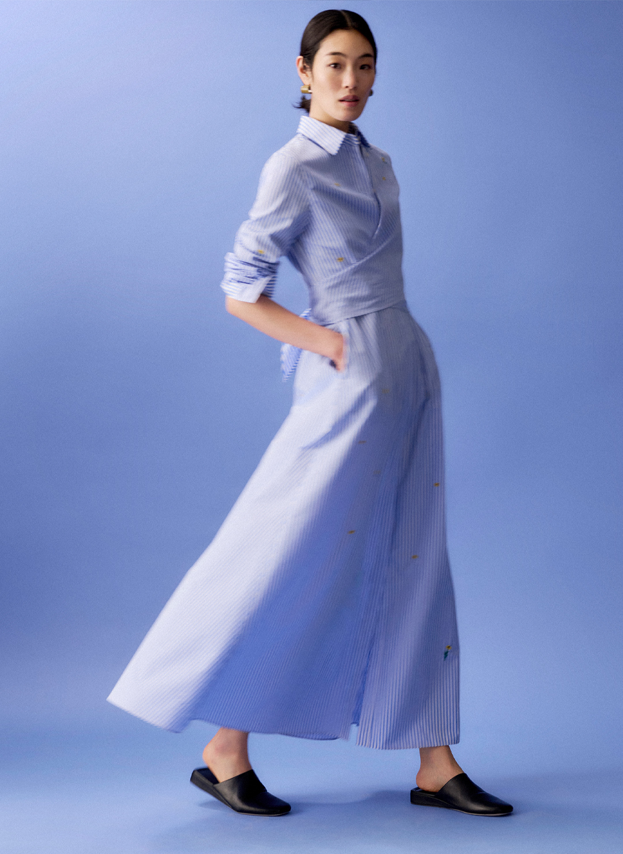 Striped Cotton Floral Embroidered Wrap Shirtdress - Lafayette 148 New York