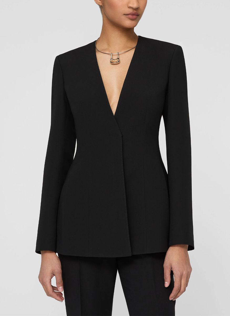 Wool-Silk Crepe Collarless Fitted Blazer - Lafayette 148 New York