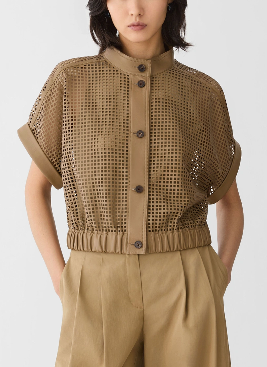 Laser Cut Grid Nappa Leather Jacket - Lafayette 148 New York