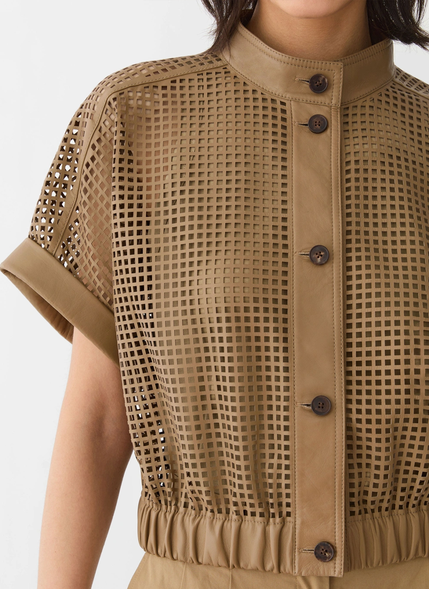Laser Cut Grid Nappa Leather Jacket - Lafayette 148 New York