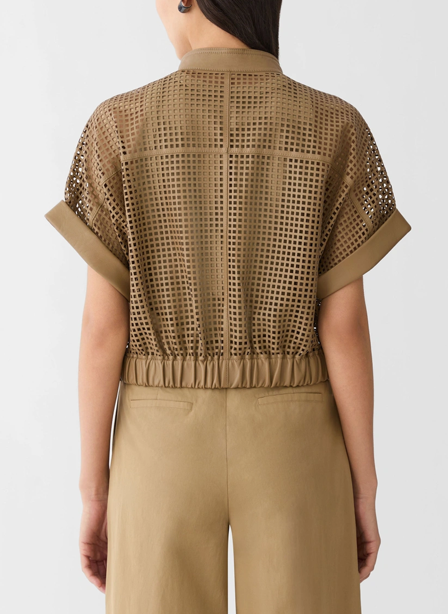 Laser Cut Grid Nappa Leather Jacket - Lafayette 148 New York