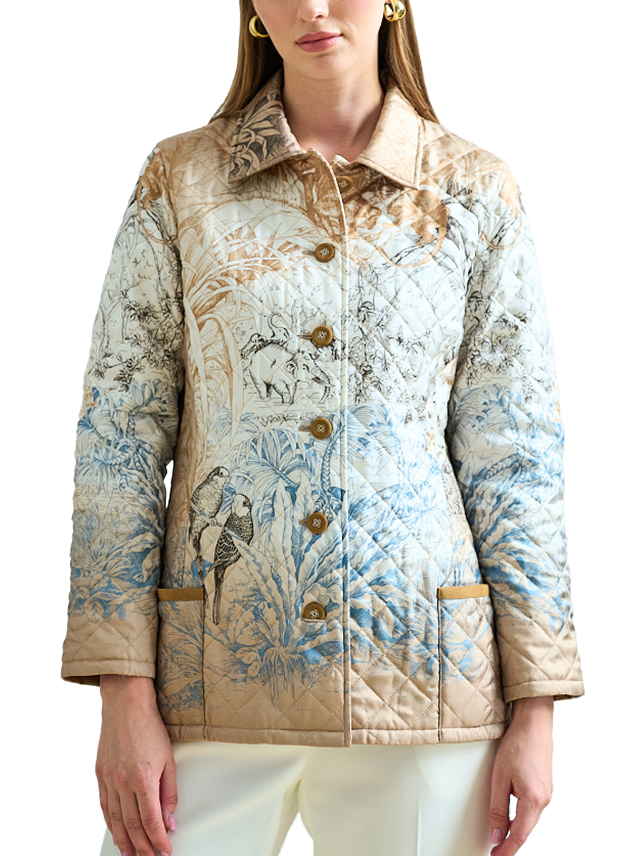 Silk Printed Quilted Jacket in Safari