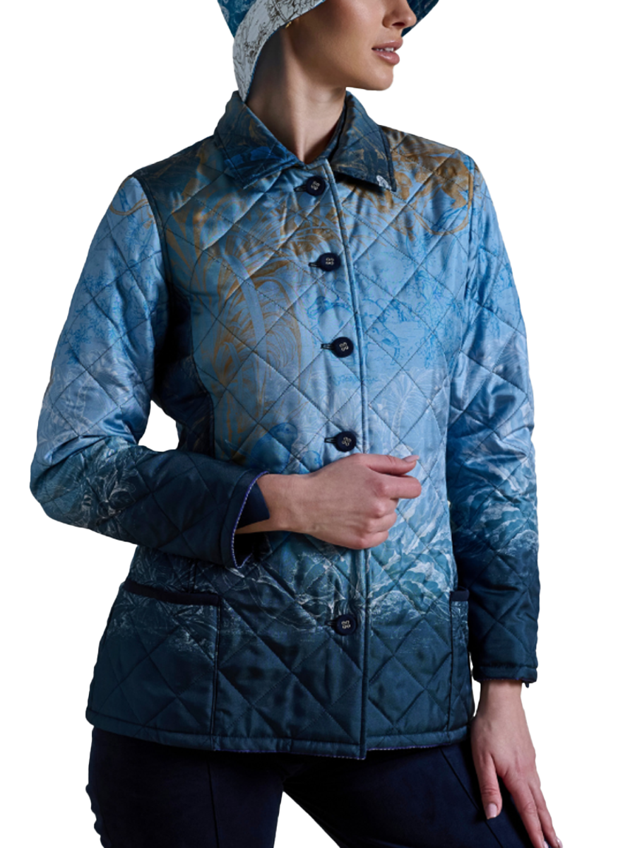 Silk Printed Quilted Jacket in Safari Blue Print