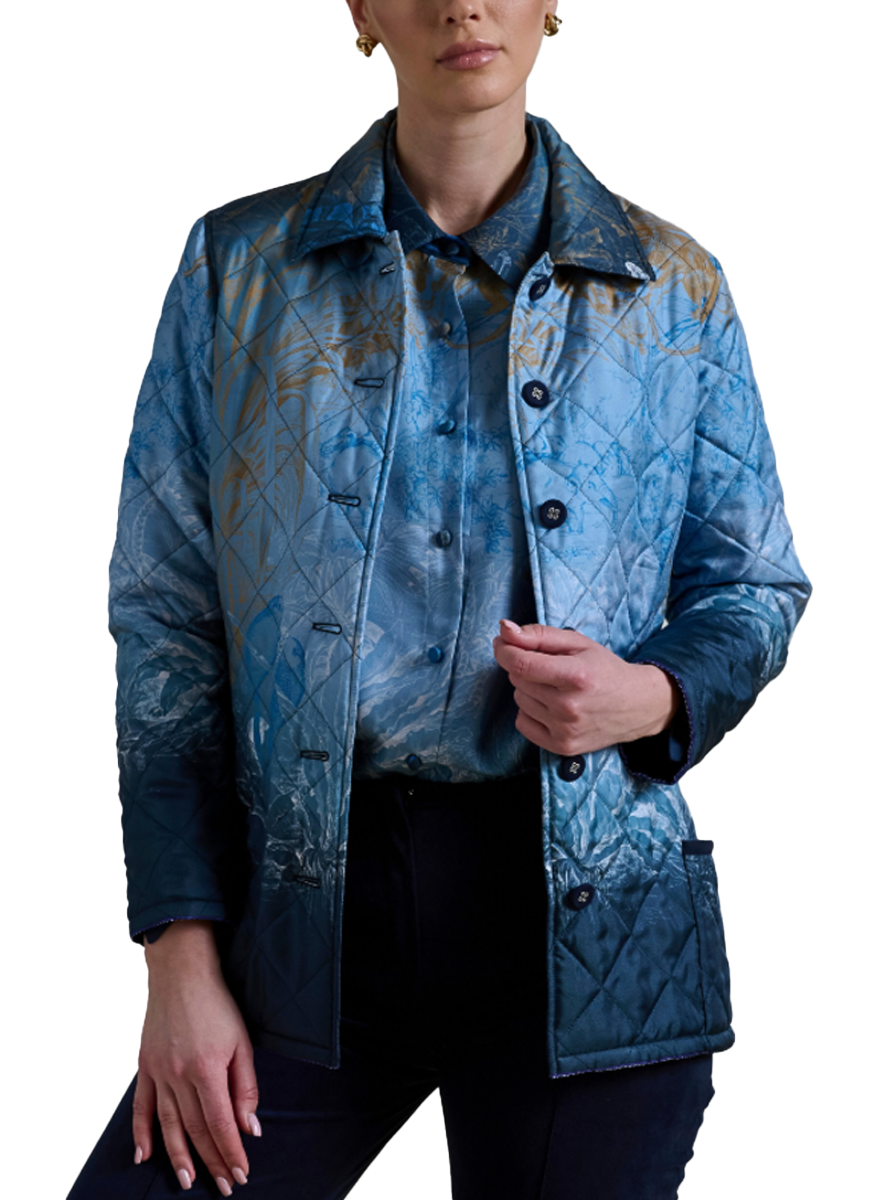 Silk Printed Quilted Jacket in Safari Blue Print
