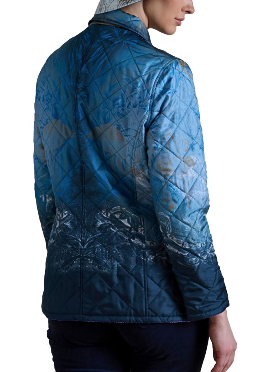 Silk Printed Quilted Jacket in Safari Blue Print - Rani Arabella