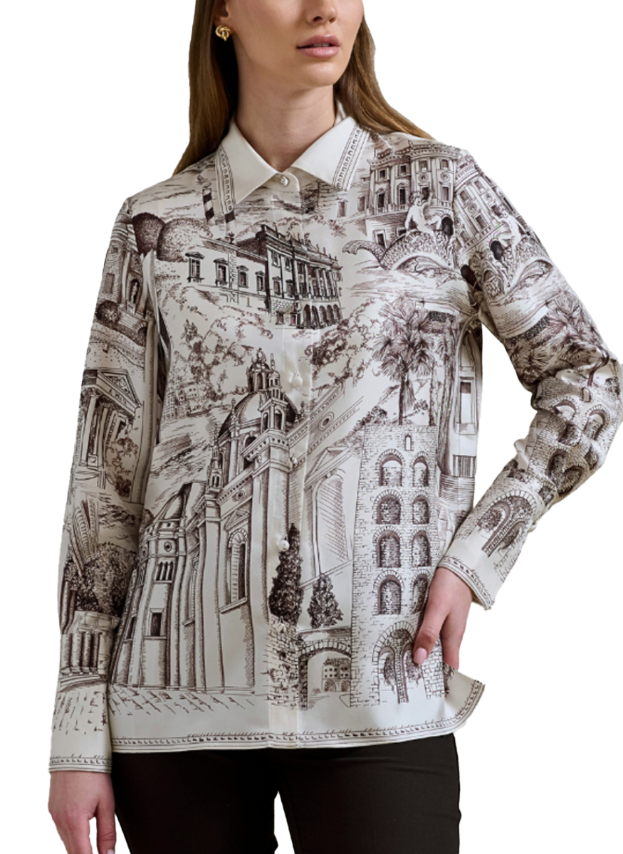 Collared Silk Printed Shirt in Lake Como Chocolate Print