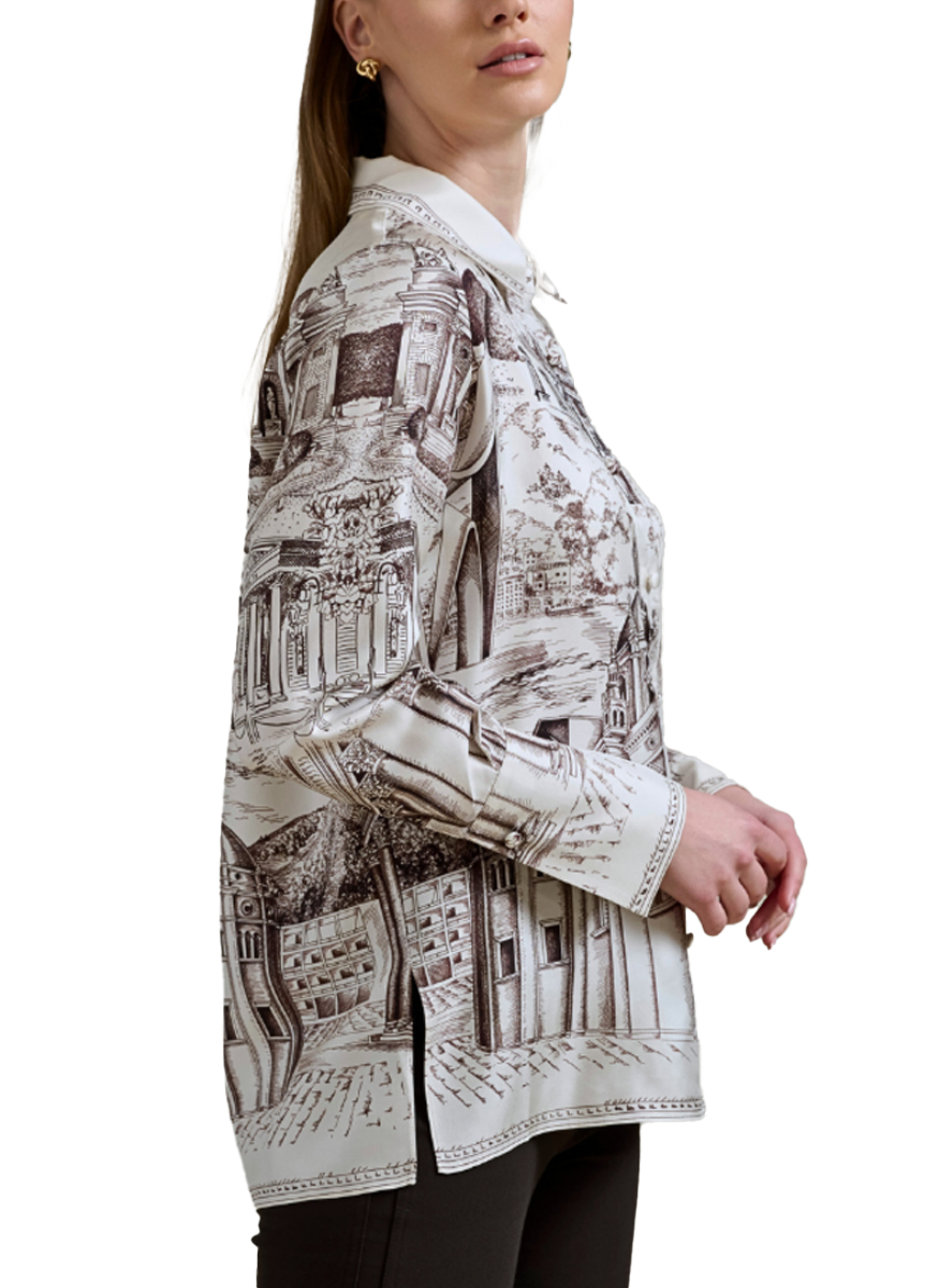 Collared Silk Printed Shirt in Lake Como Chocolate Print