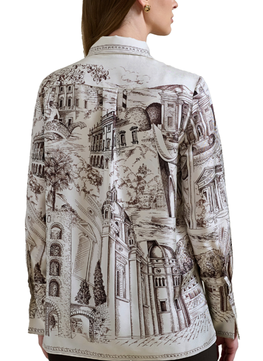 Collared Silk Printed Shirt in Lake Como Chocolate Print - Rani Arabella