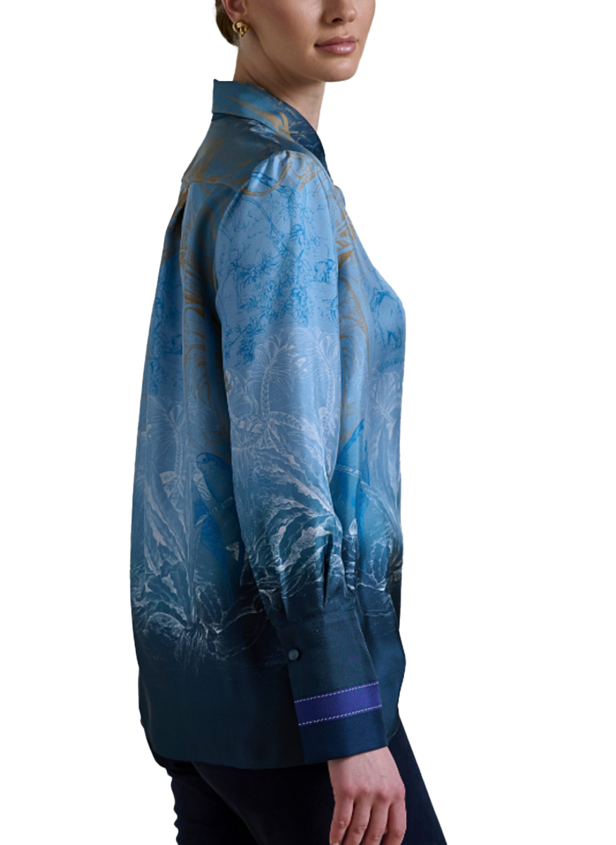 Printed Silk Shirt in Safari Blue