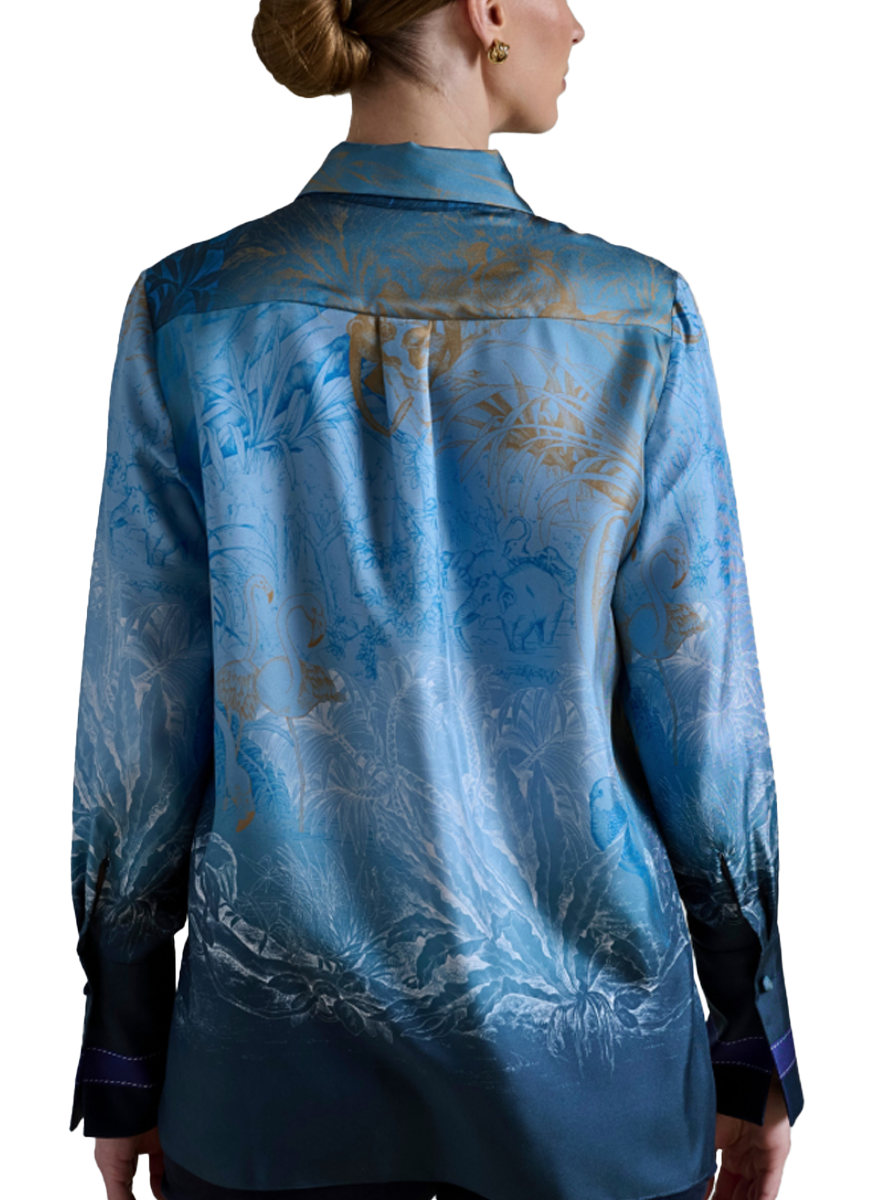 Printed Silk Shirt in Safari Blue - Rani Arabella