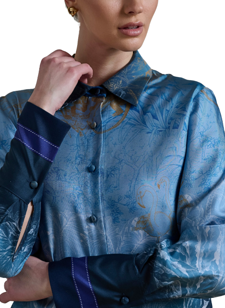 Printed Silk Shirt in Safari Blue - Rani Arabella