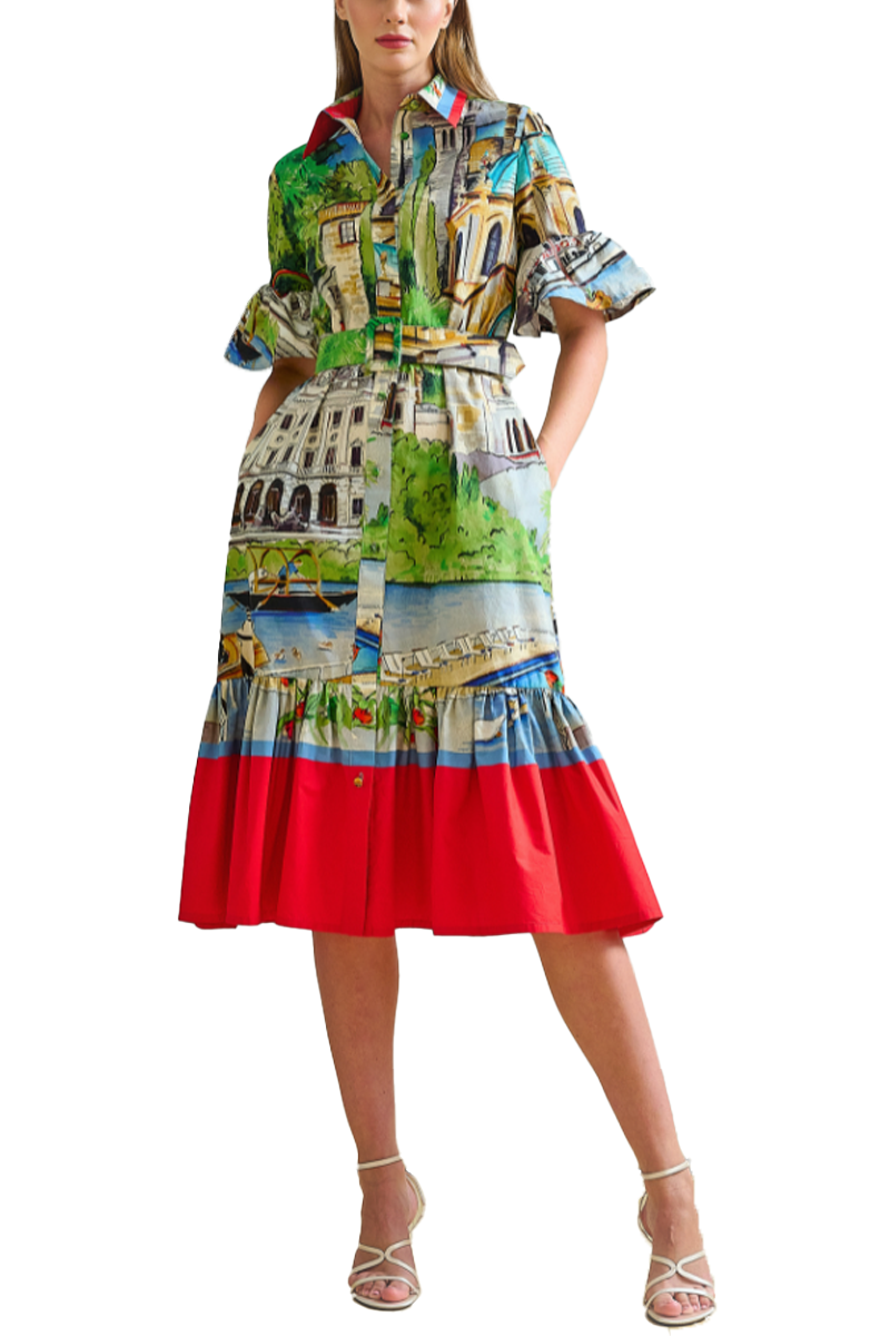 Shirtdress with Ruffles in Printed Lake Como