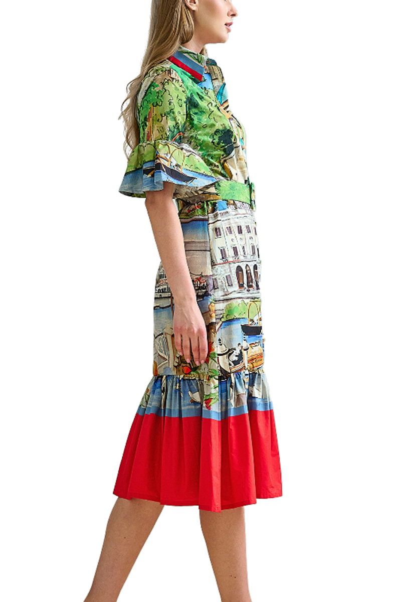 Shirtdress with Ruffles in Printed Lake Como - Rani Arabella